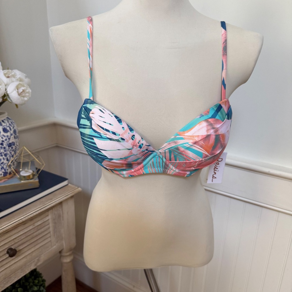 NWT Raisins Womens Tropical Palm Leaf Underwire Bikini Top‎ Teal Peach Pink S